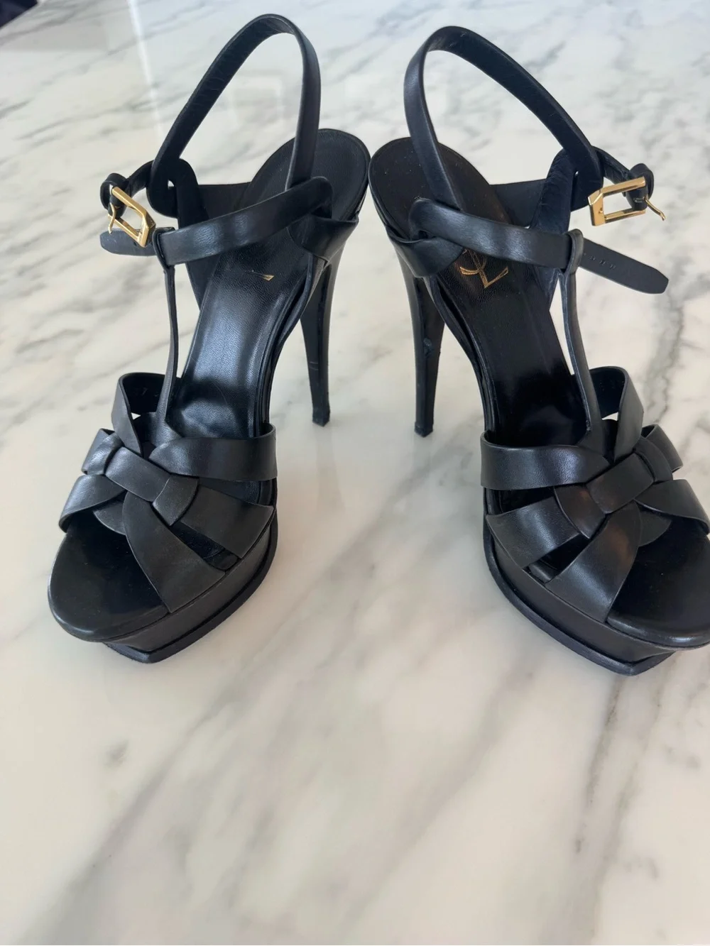 Saint Laurent Black Leather Woven T-Strap Heels with Gold Buckle - Picture 3 of 10